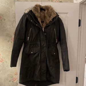 Women's Black Parka Coat with Faux Fur Trim